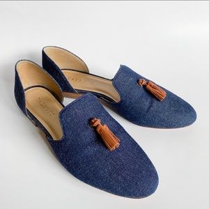 Talbots Frannie Denim D’Orsay Tassel Detail Slip On Flats With Leather Soles